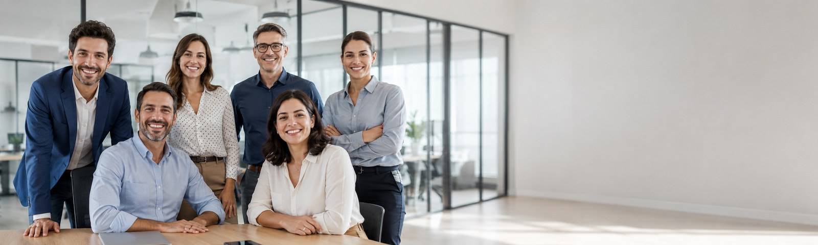 Equipo profesional reunido en una oficina luminosa
