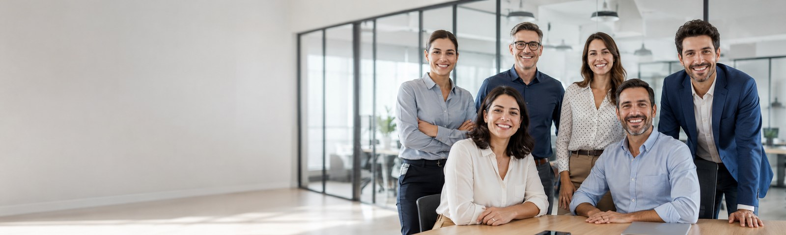 Equipo corporativo reunido en una oficina moderna