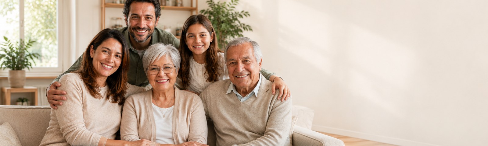Familia multigeneracional reunida y protegida en un hogar luminoso