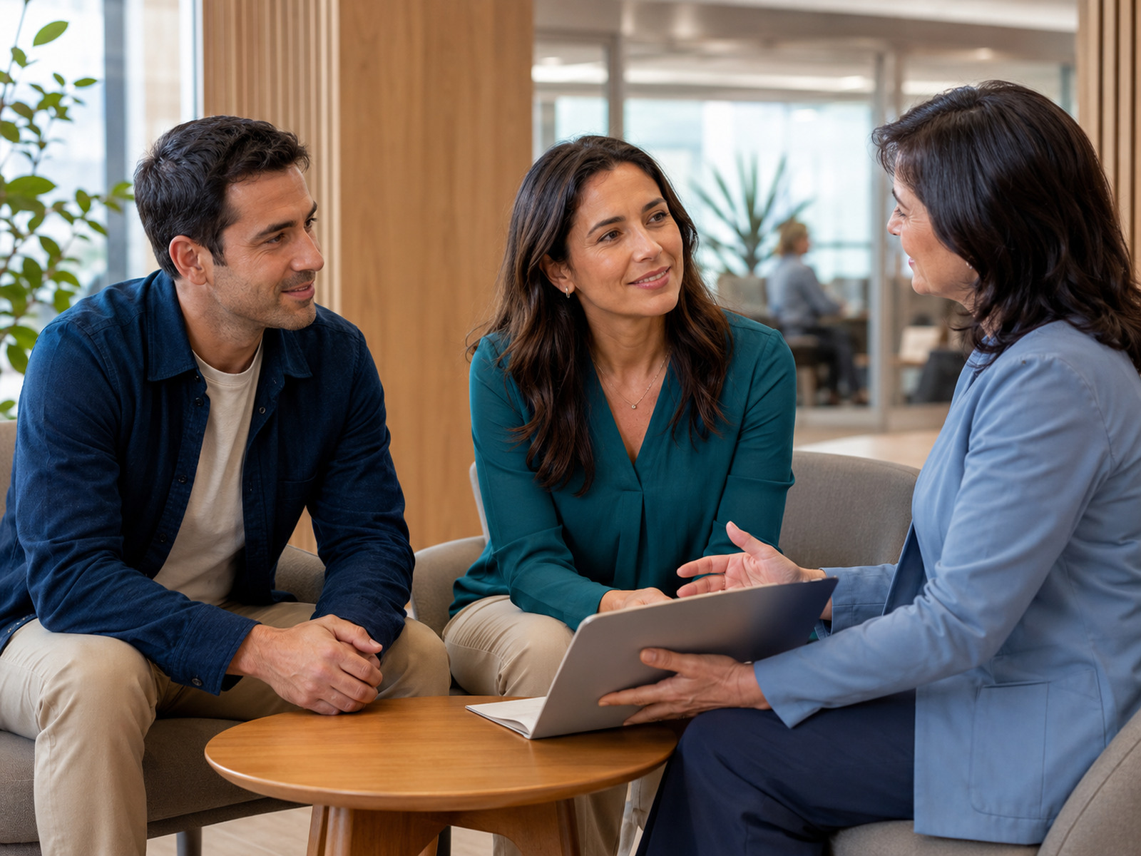 Pareja recibiendo orientación de una coordinadora de salud en un centro médico moderno