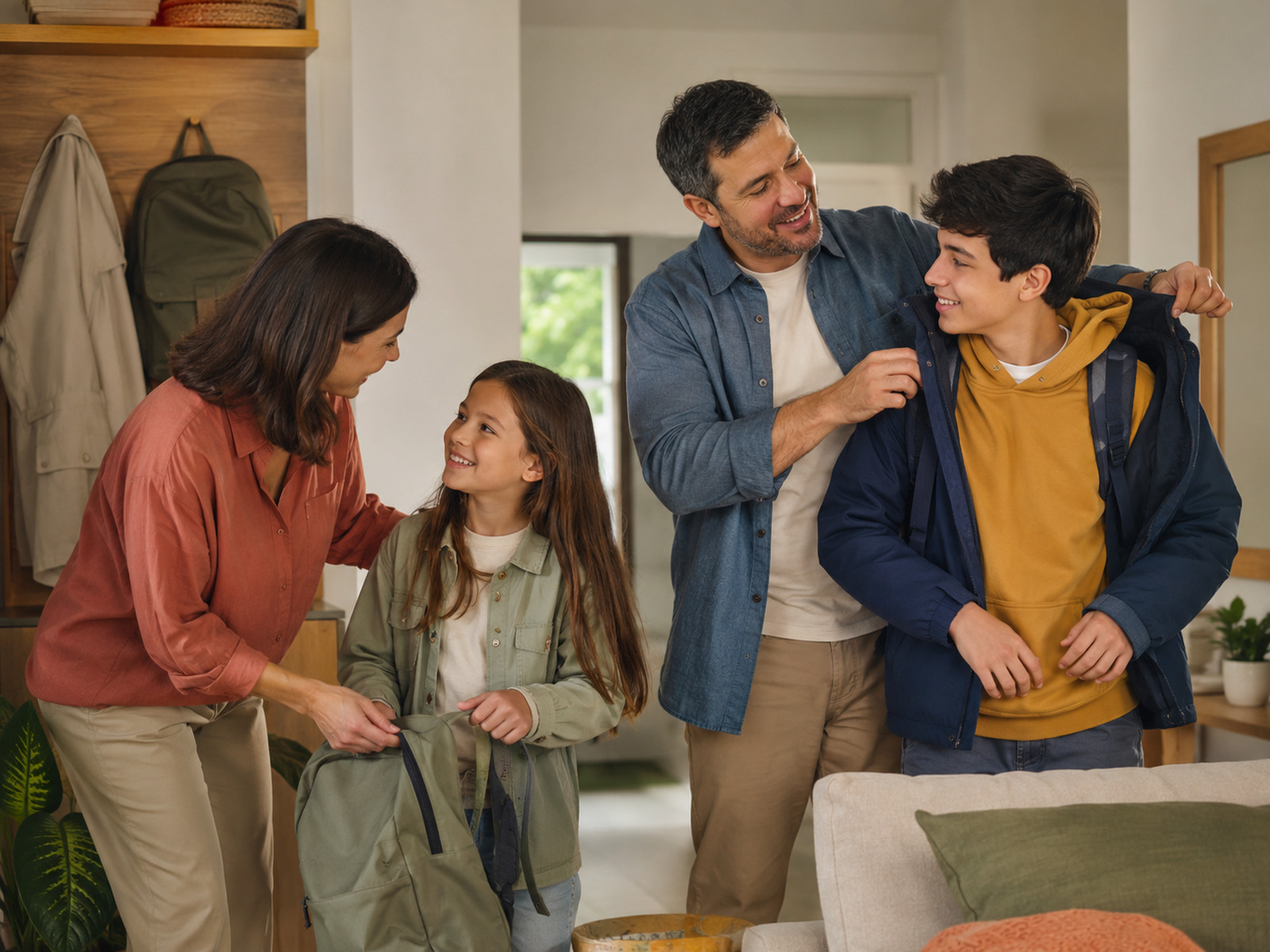 Familia de cuatro integrantes preparándose para salir y cuidándose en su hogar