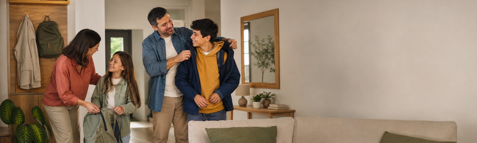 Familia de cuatro integrantes preparándose para salir y cuidándose en su hogar