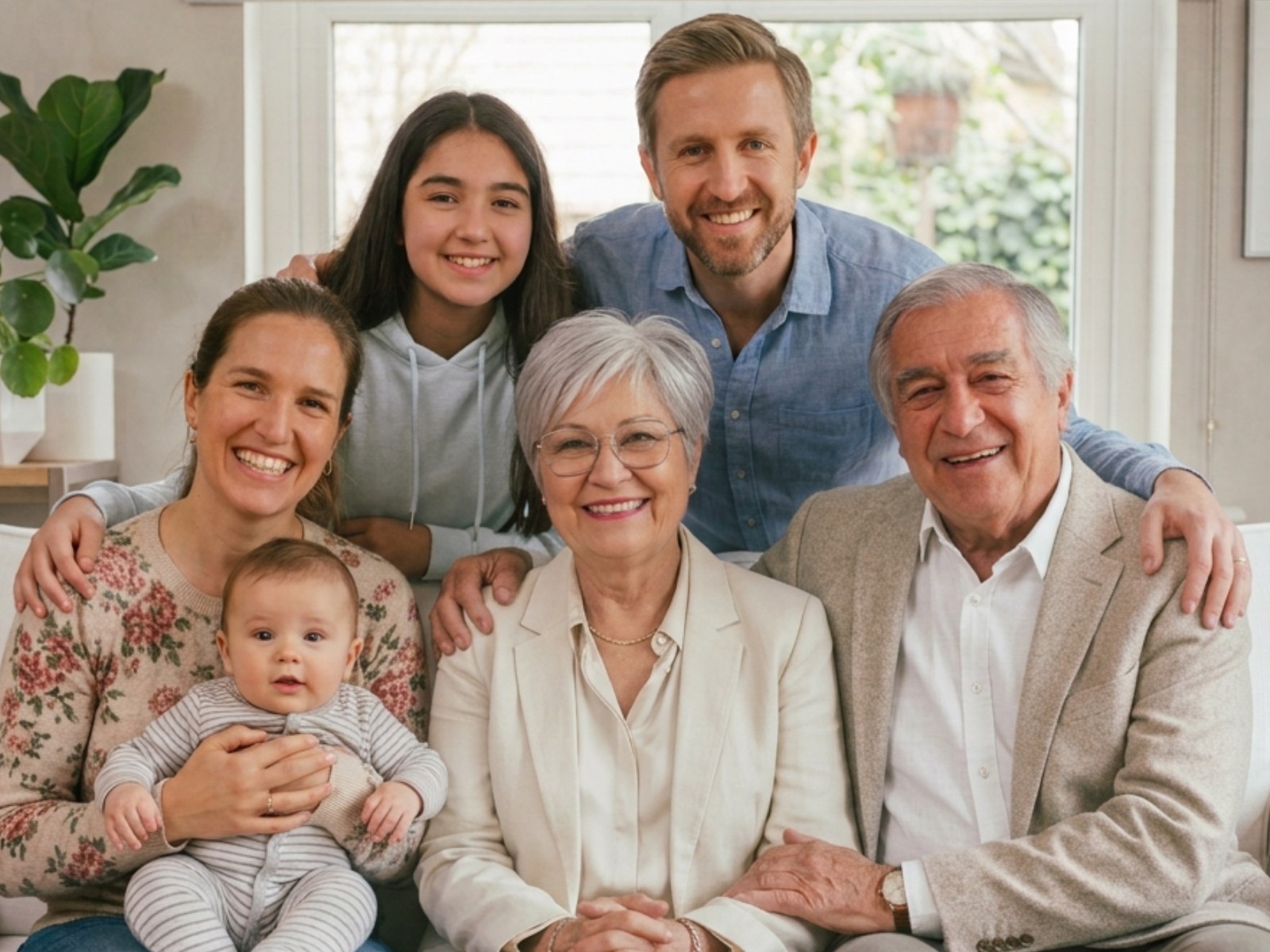 Familia multigeneracional reunida y sonriente en un hogar luminoso