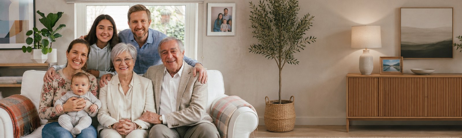 Familia multigeneracional reunida en un hogar luminoso