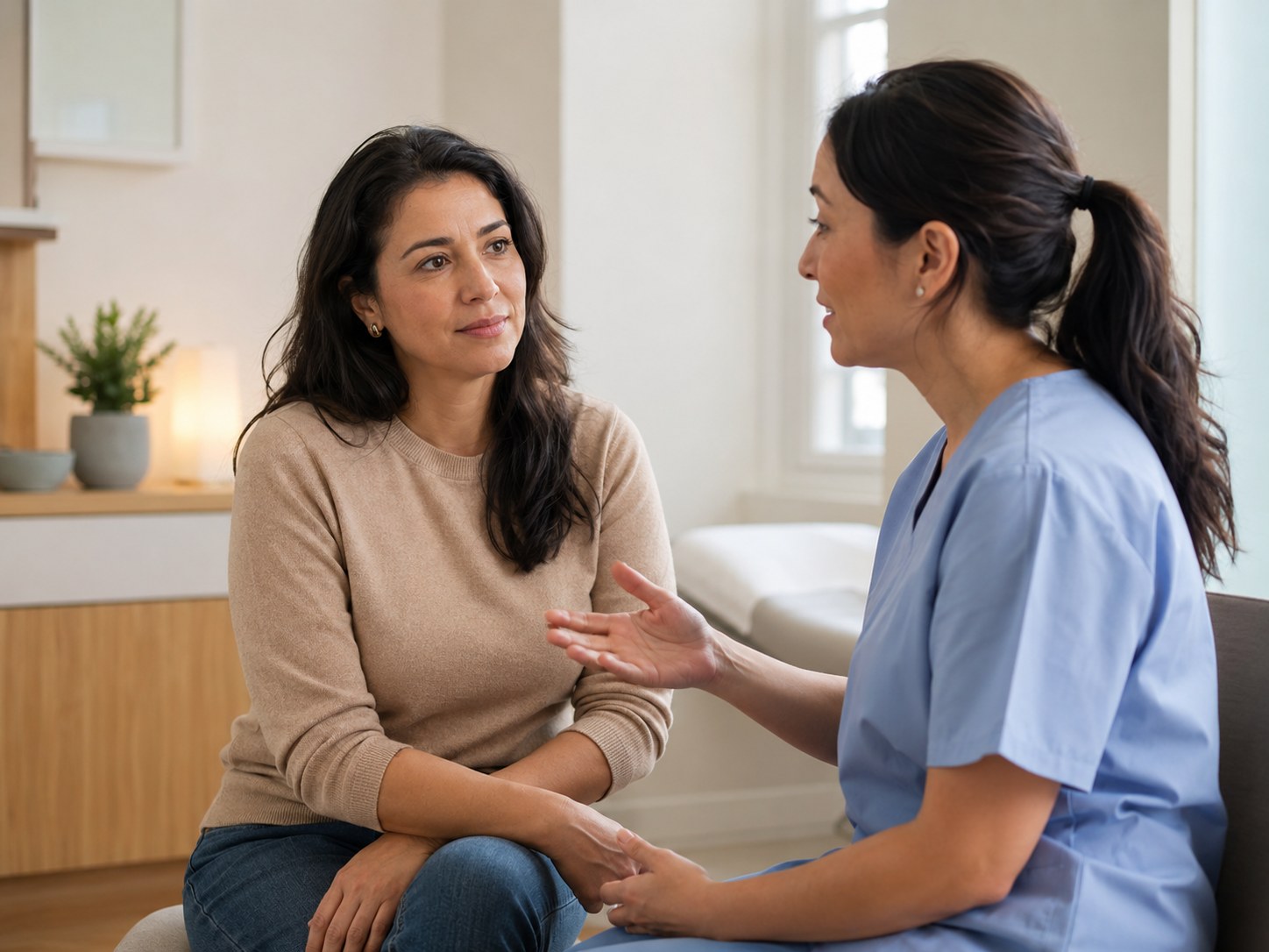 Paciente conversando con una profesional de salud en un box ambulatorio cálido