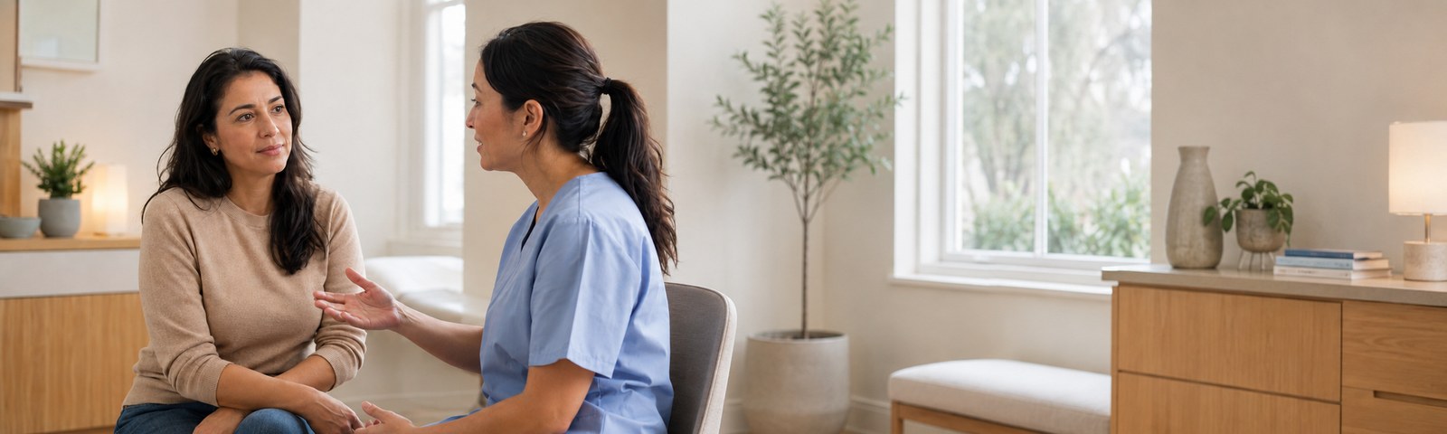 Paciente conversando con una profesional de salud en un box ambulatorio cálido