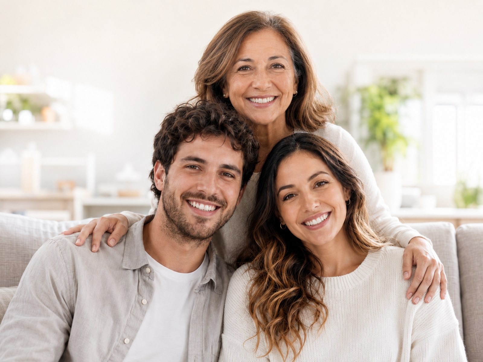 Familia de tres adultos unida y sonriente en un hogar luminoso