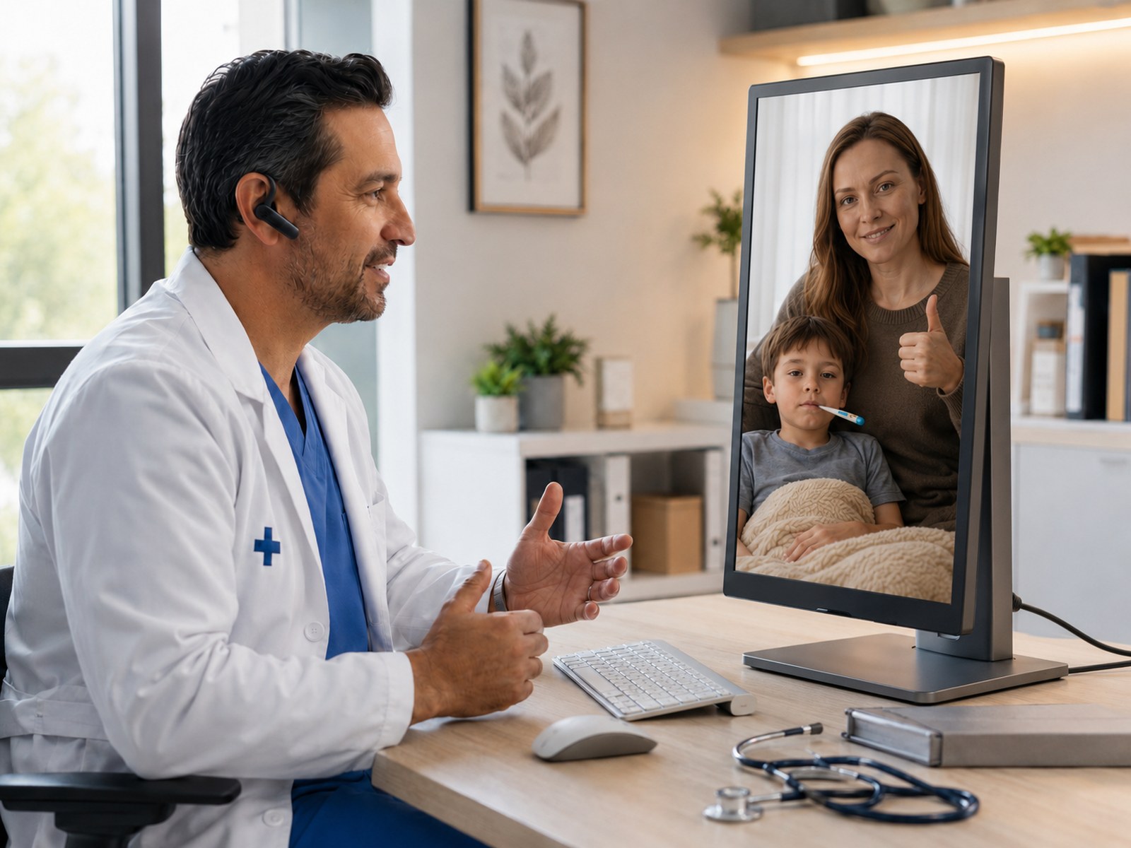 Médico atendiendo por telemedicina a una madre y su hijo mediante un monitor vertical