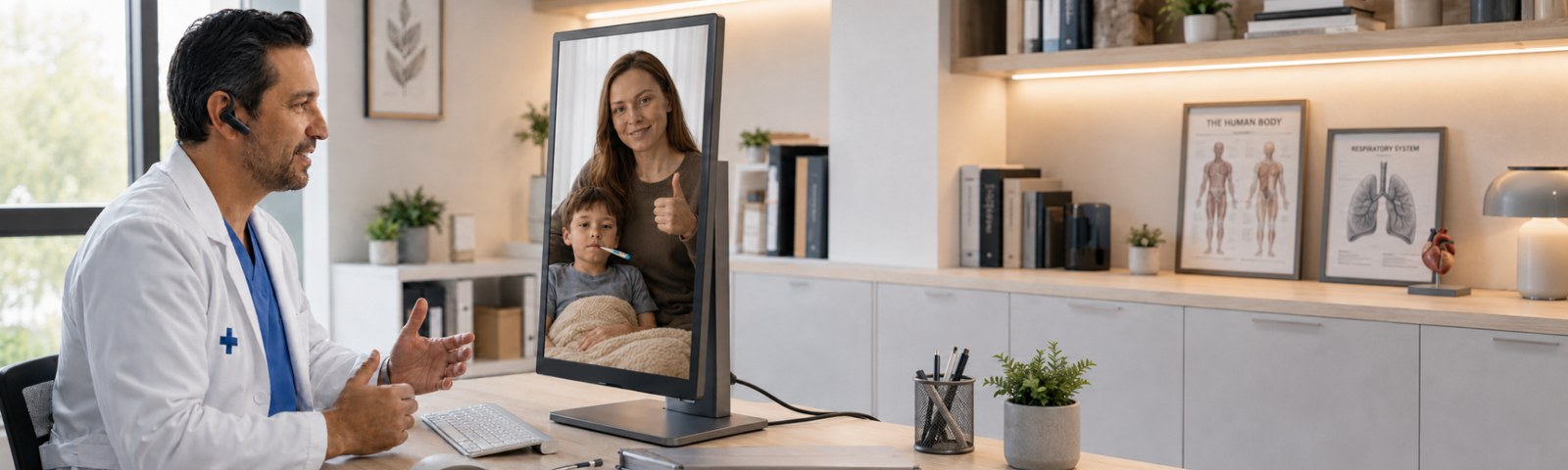 Médico realizando una consulta de telemedicina con una madre y su hijo mediante un monitor vertical