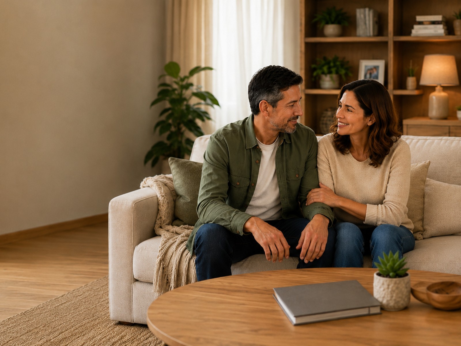 Pareja adulta compartiendo un momento de apoyo y tranquilidad en su hogar