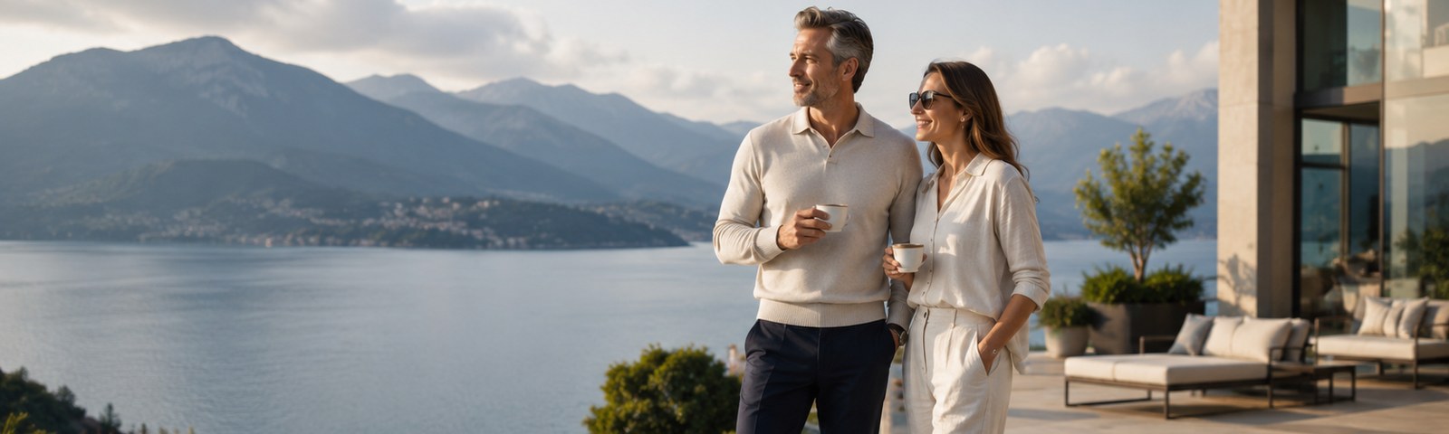 Pareja en una residencia internacional junto a un lago, asociada a libre elección y cobertura médica global de alto nivel